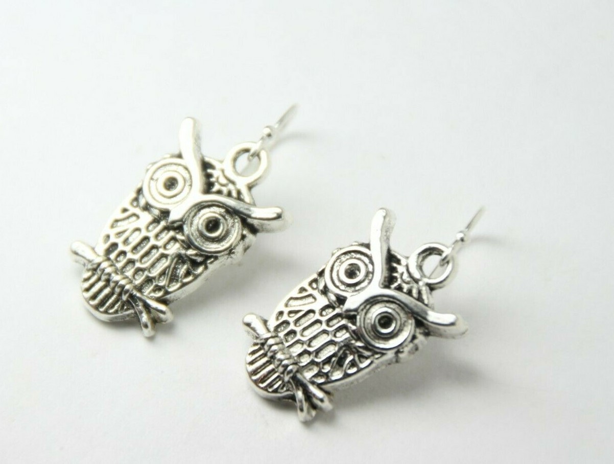 Owl Charm Earrings 925 sterling silver hooks pewter charms 1 1/4″ bird wing Hoot
