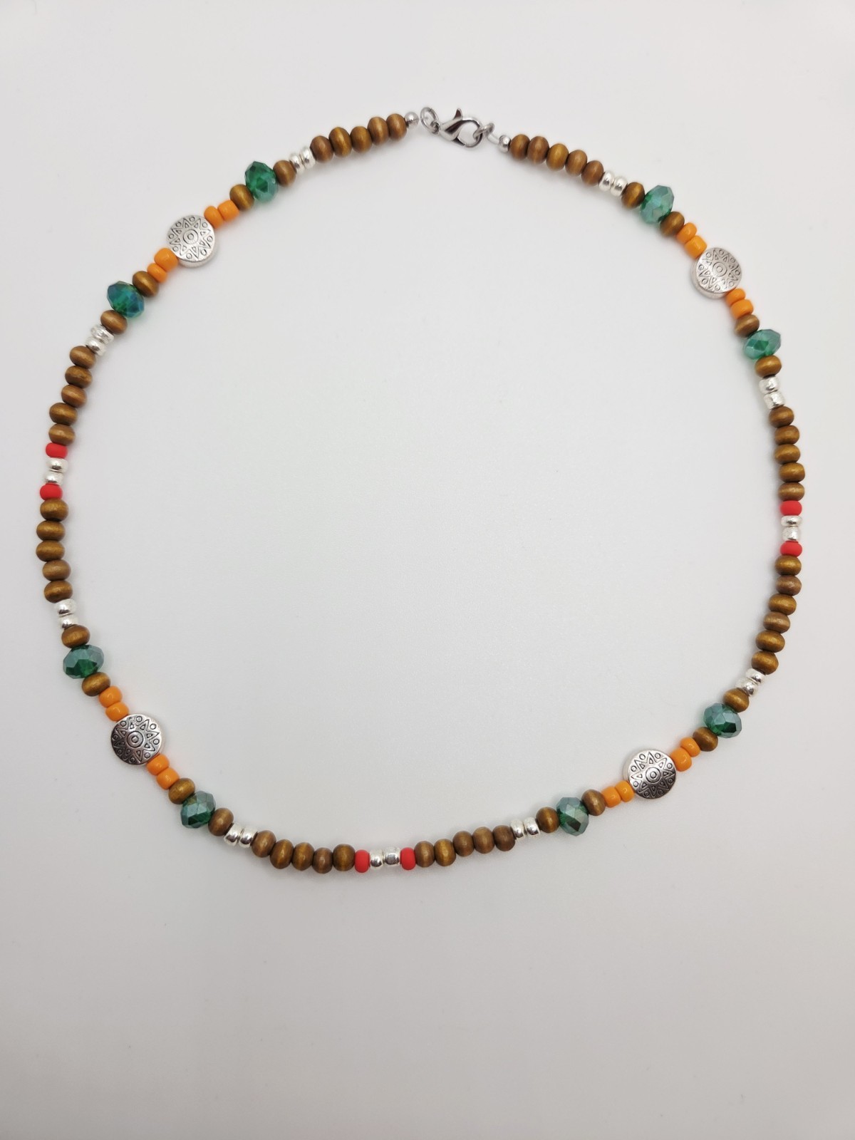 Beaded Necklace Wood Glass Beads Bohemian 18 Inches Lobster Clasp Green Red Boho