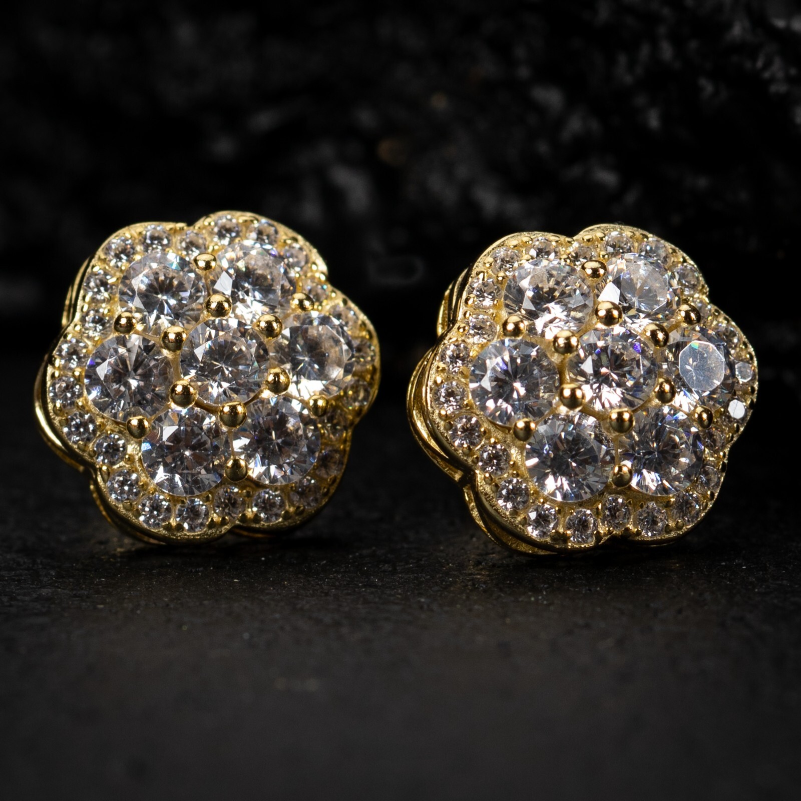 Men’s Yellow Gold 925 Sterling Silver Iced Hip Hop Flower Cluster Stud Earrings