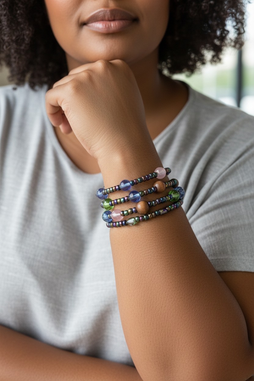 2 Memory Wire Green & Multi Color Peacock Beads Layered Bracelet Fits All Wrists