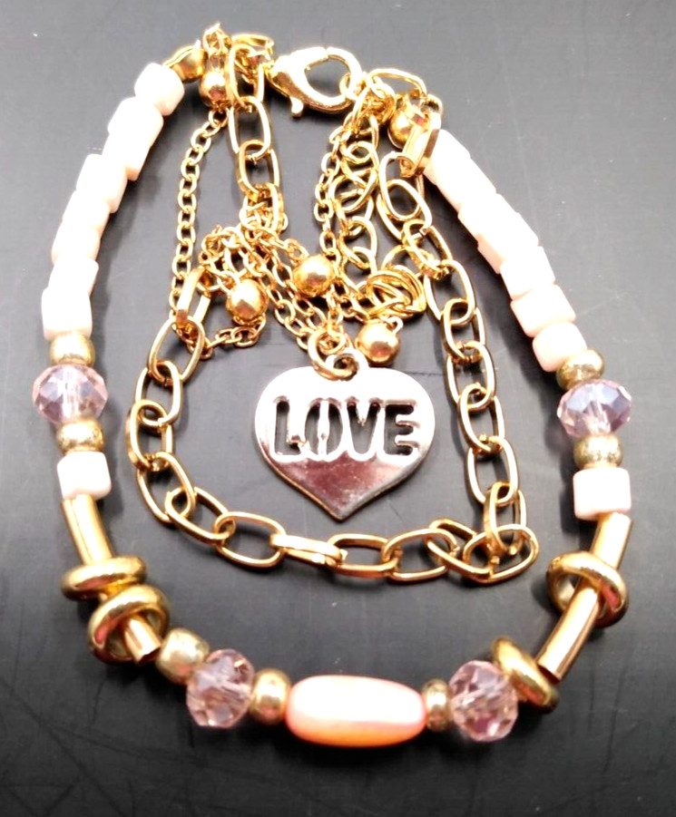 Gold Tone 3 Chains Heart Salmon-Pink Quartz Stone Faceted Beads Bracelet 7″