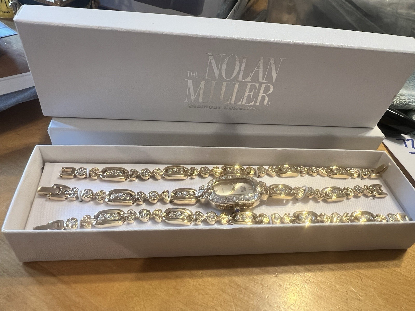 NOLAN MILLER Gold Tone Watch & Bracelet 3 Pc Set Original Box 7296