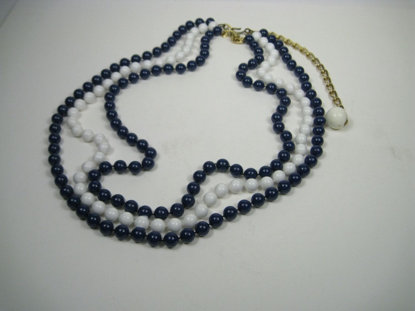 Classic Multi Strand Navy Plastic Beaded Necklace Gold Tone Chain Layered 50 in