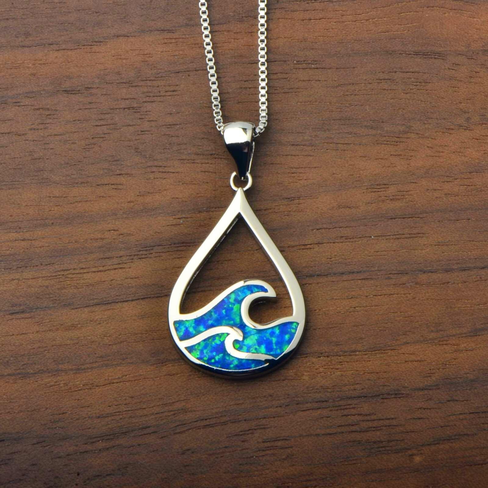 Hawaii Blue Fire Opal sea Wave Necklace pendants Silver Filled For Women Girls