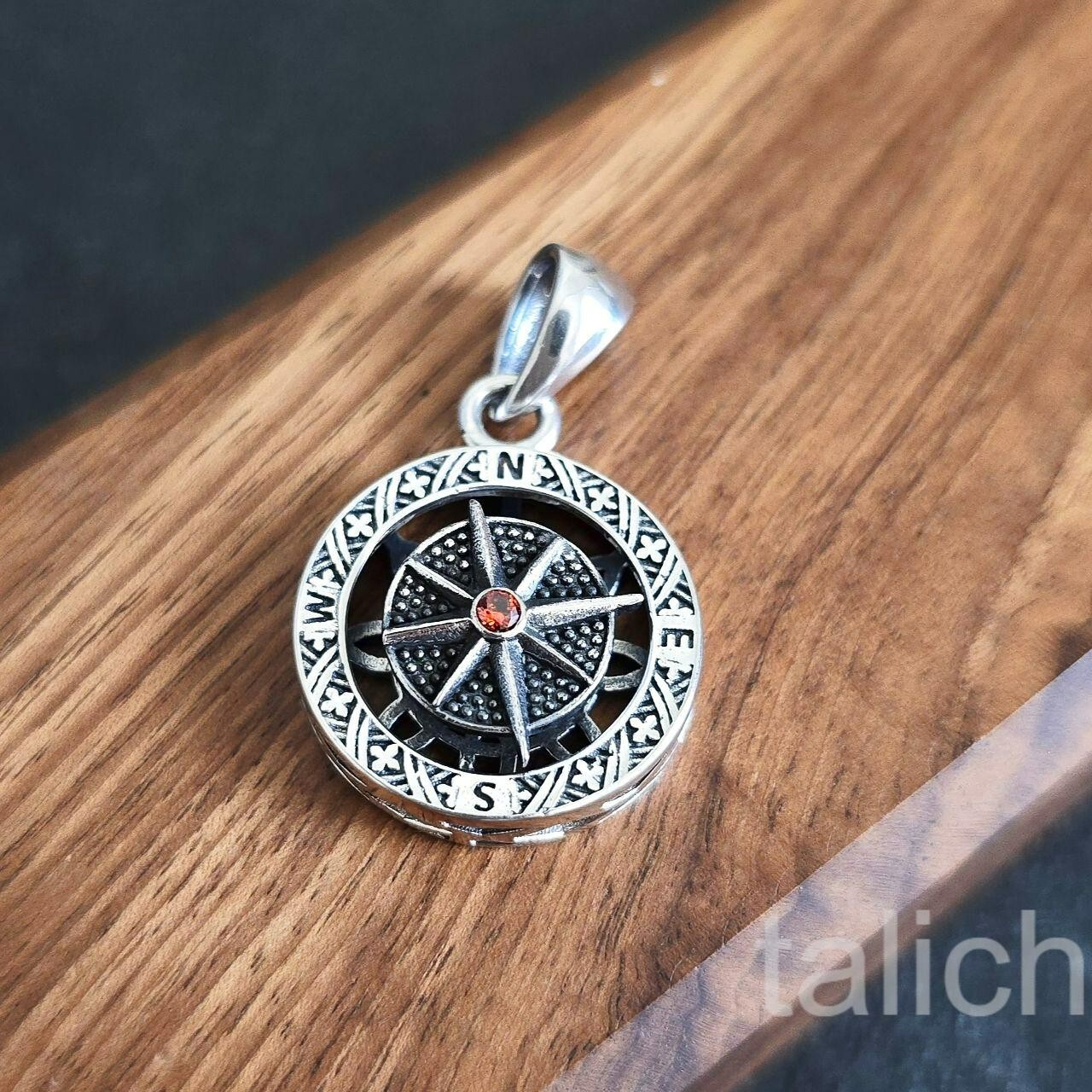 925 Sterling Silver Small Round Compass Pendant with Spin Star & Red CZ Unique