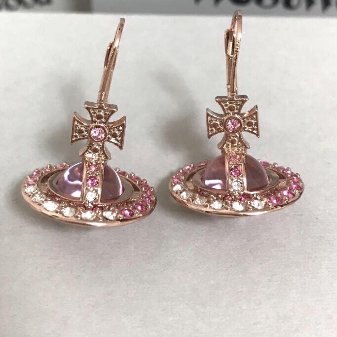 Vivienne Westwood Earrings Pierce Tiny Orb Tri Color Rhinestone Pink Gold NO BOX