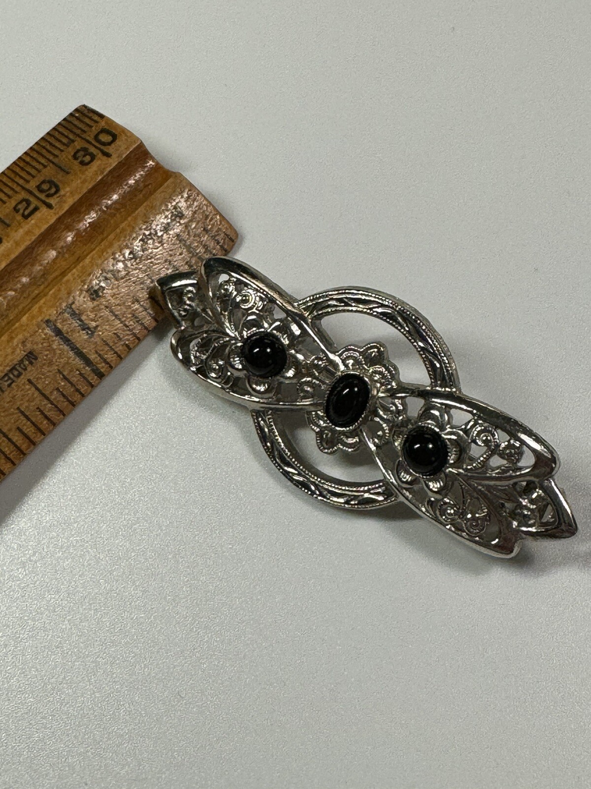 Vintage Silver Tone Brooch Bow Pin w/ Black Faux Onyx, Gothic, Victorian Style