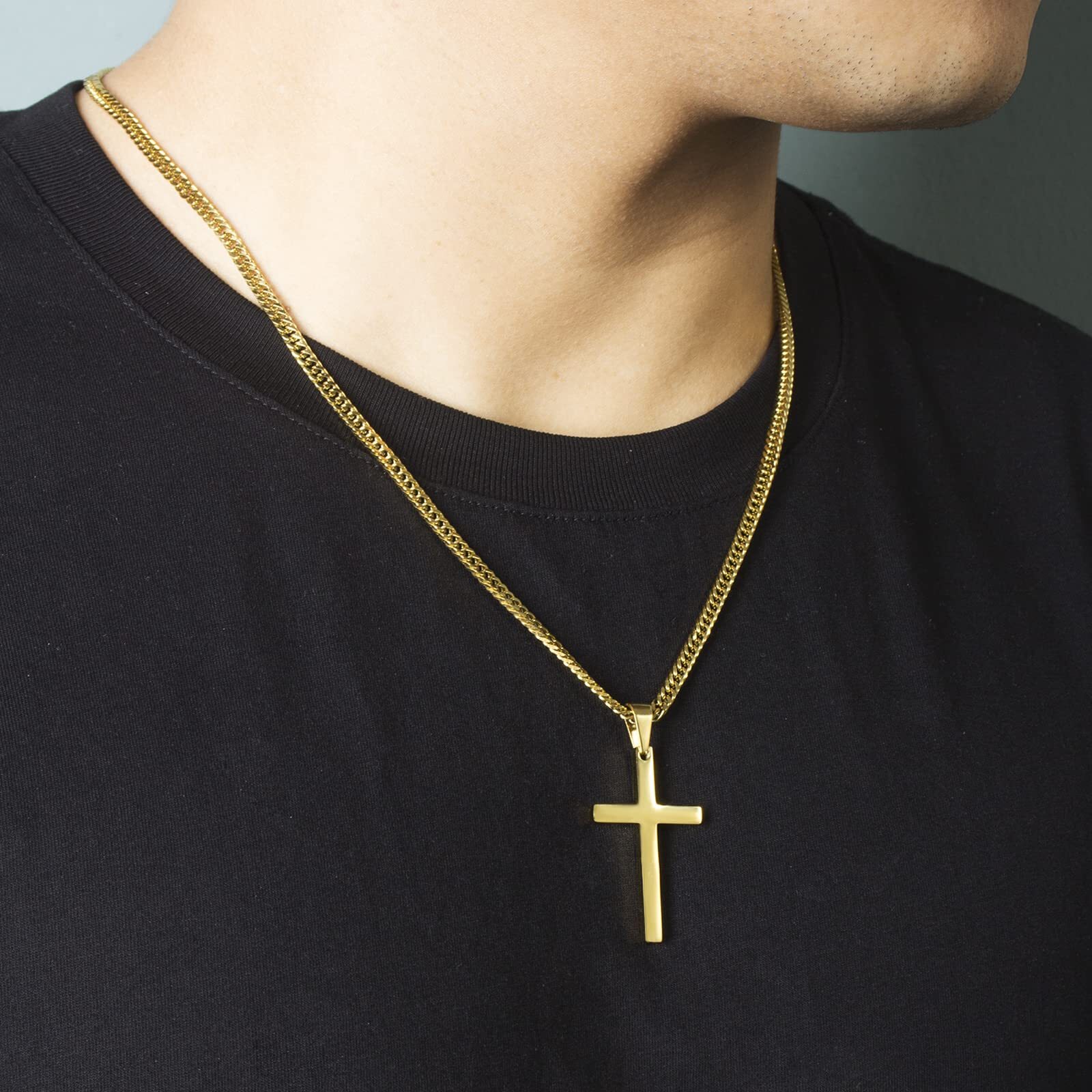 Men Cross Necklace Silver Gold Stainless Steel Boy Plain Pendant Cuban Chain