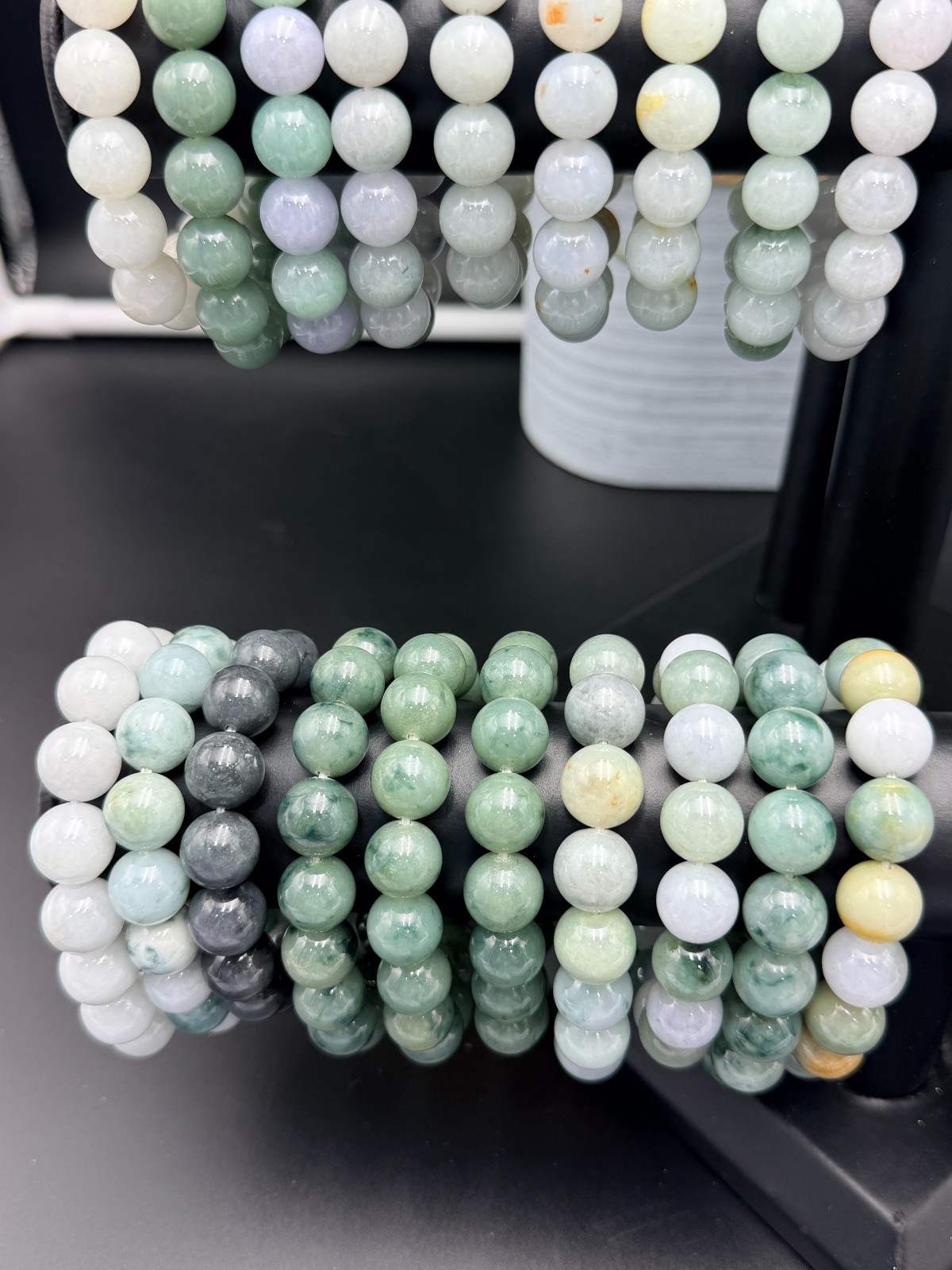 Certified Natural Jadeite Jade Beaded Bracelet Gray Black 13.2 mm #100094
