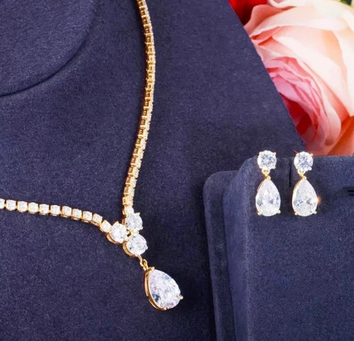 18k Gold Plated Tennis Necklace Earrings Made Simulated Diamond Bridal Jewelry
