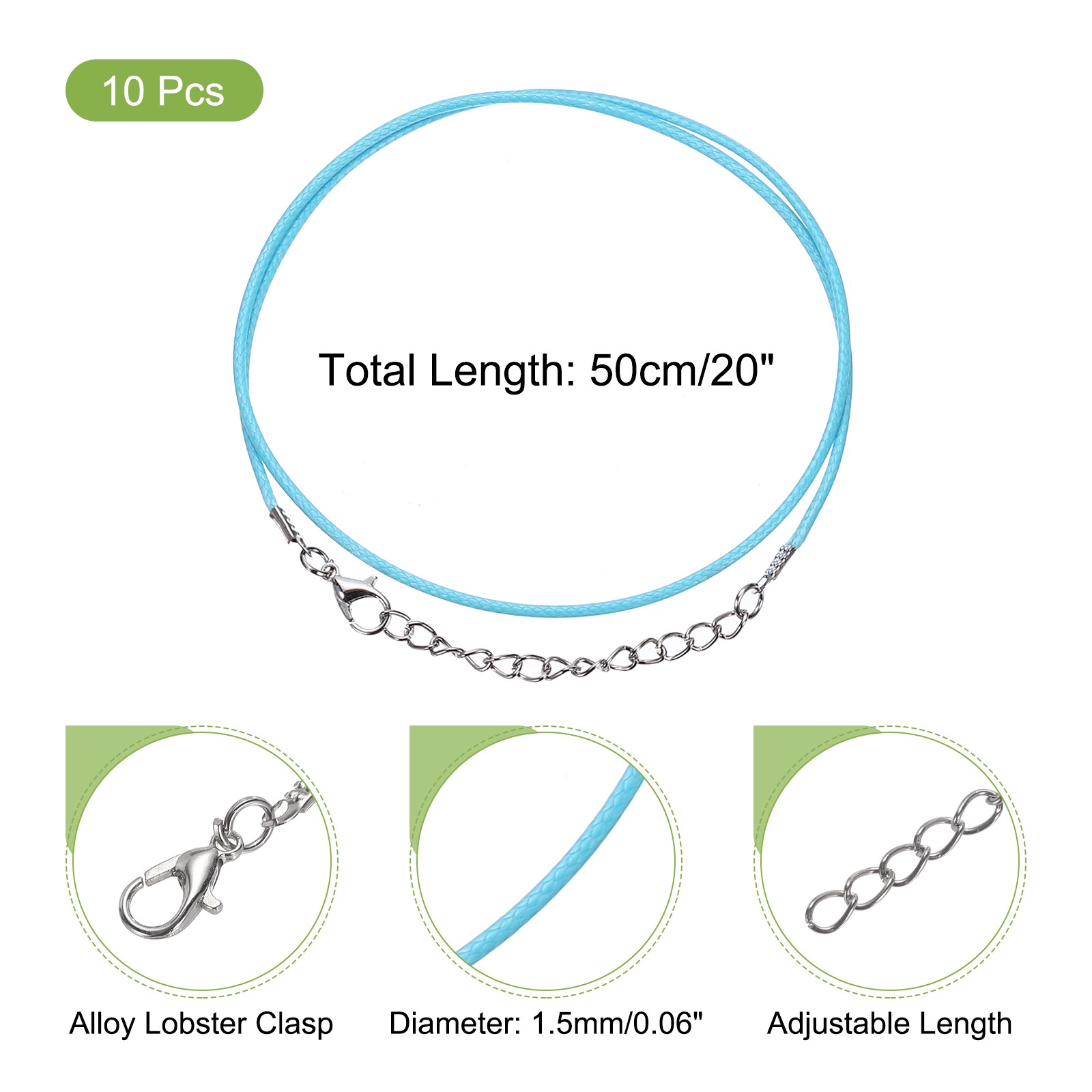 10pcs 18 Inch Waxed Necklace Cord 1.5mm for Jewelry Making, Lake Blue