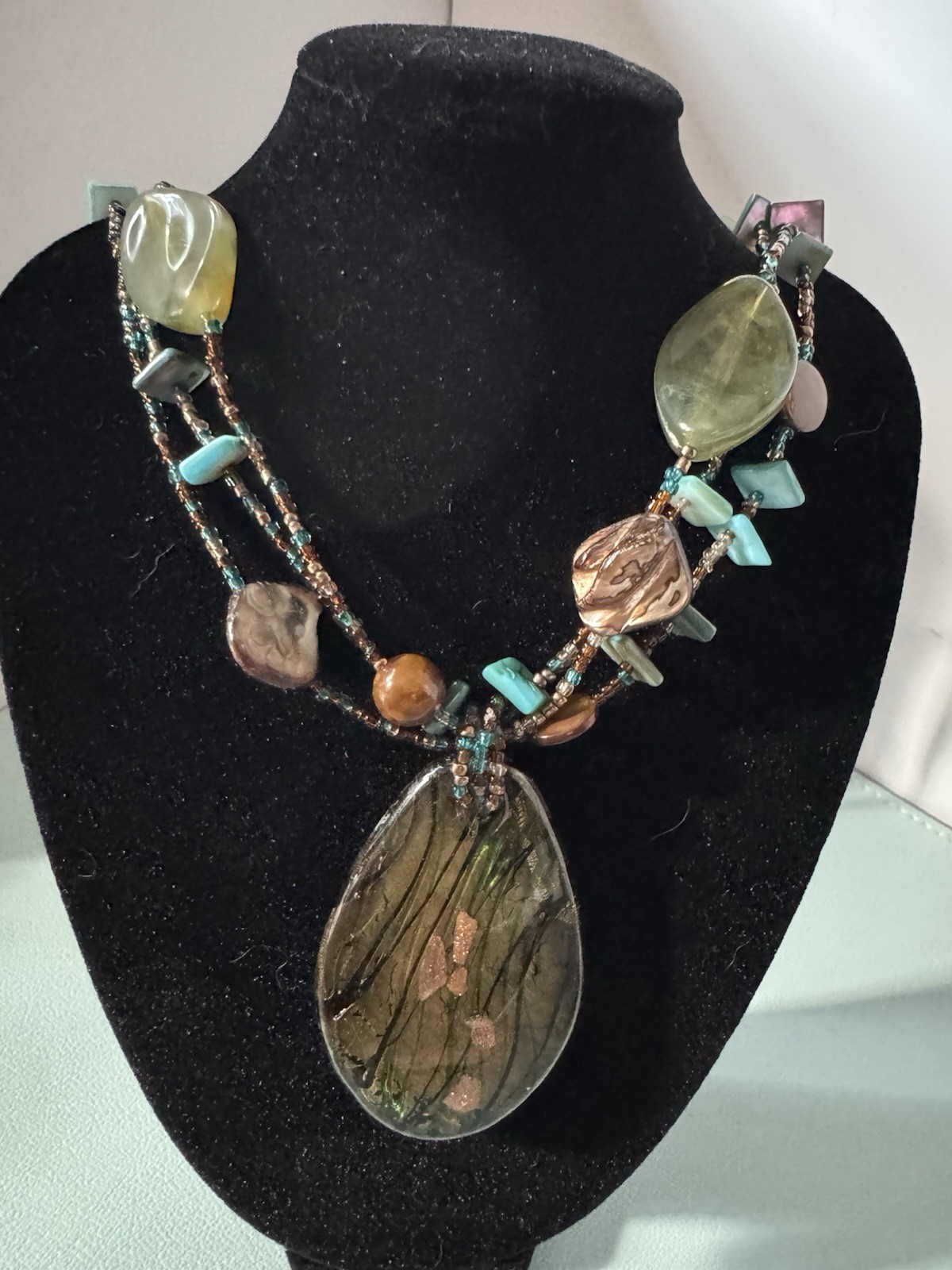 Multicolor Glass Gemstone Beaded Multi-Strand Oval Pendant Necklace Bohemian