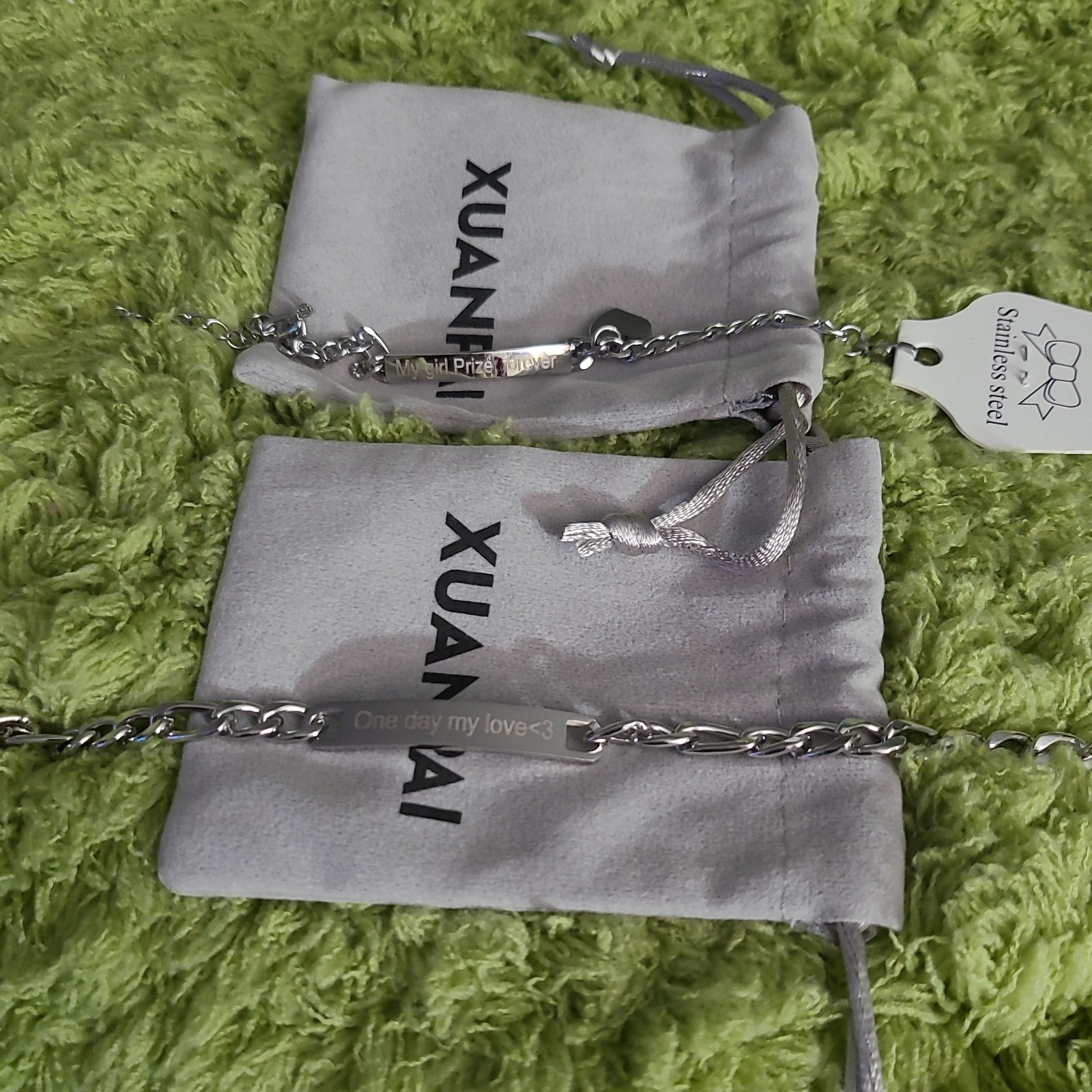 XUANPAI Silver Cuban Link Engraved Chain Stainless Steel Bracelet Set