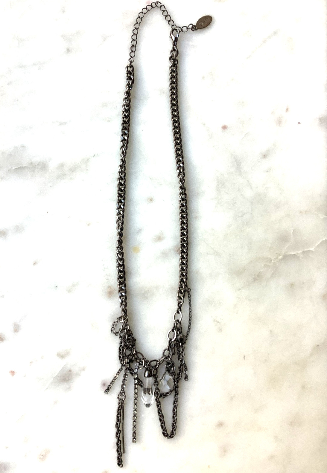 GUESS Dark Silver Tone Layered Statement Necklace Tiers Rhinestones Adjustable