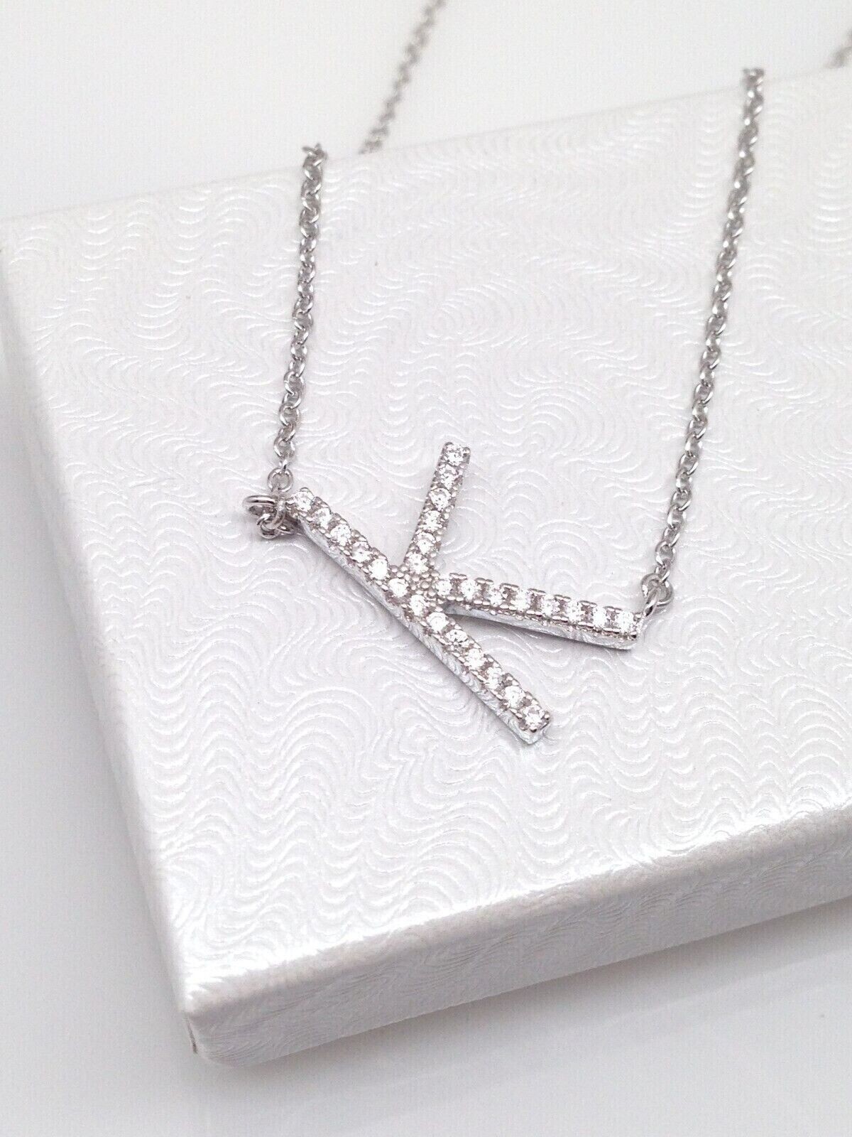 925 Sterling Silver CZ Sideways Initial Letter K Pendant Necklace Women 16mm