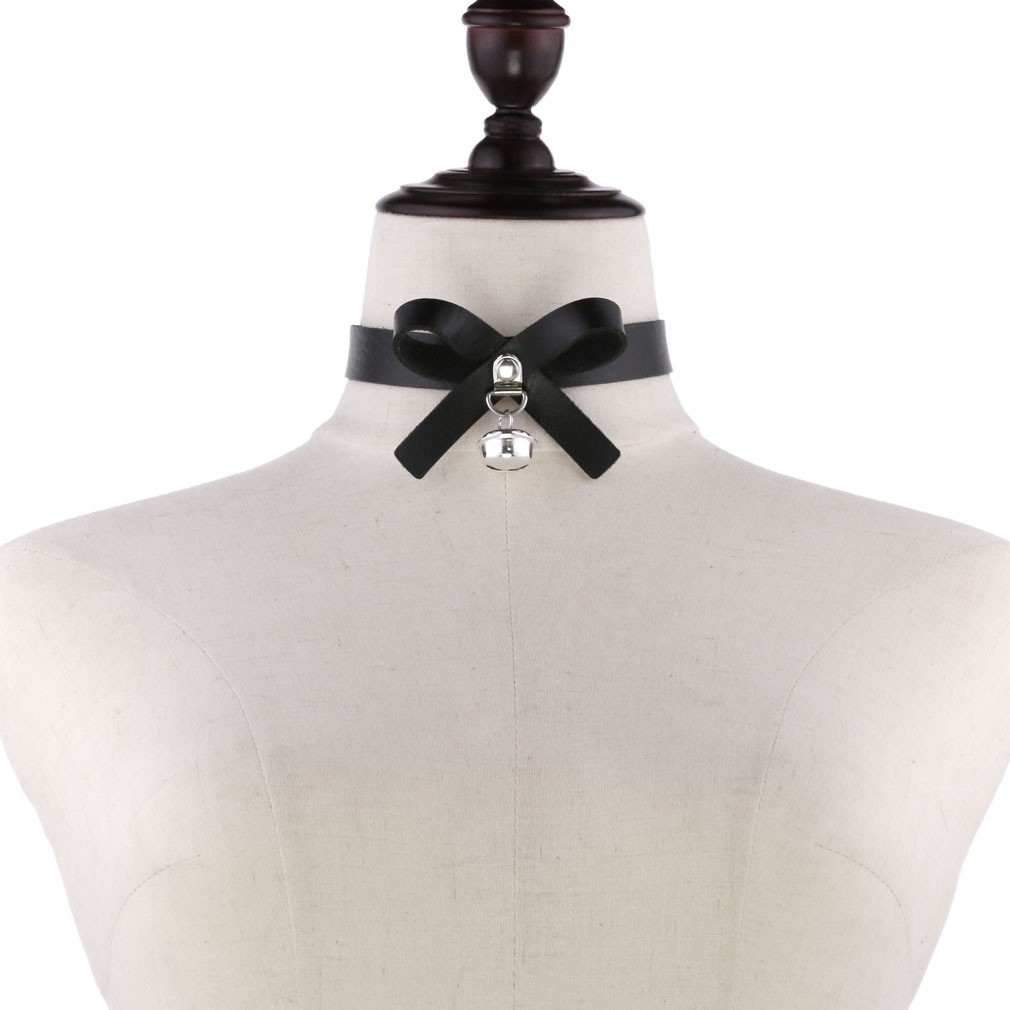 Gothic Punk Leather Choker Collar with Bowknot Bell Buckled Necklace Club Party