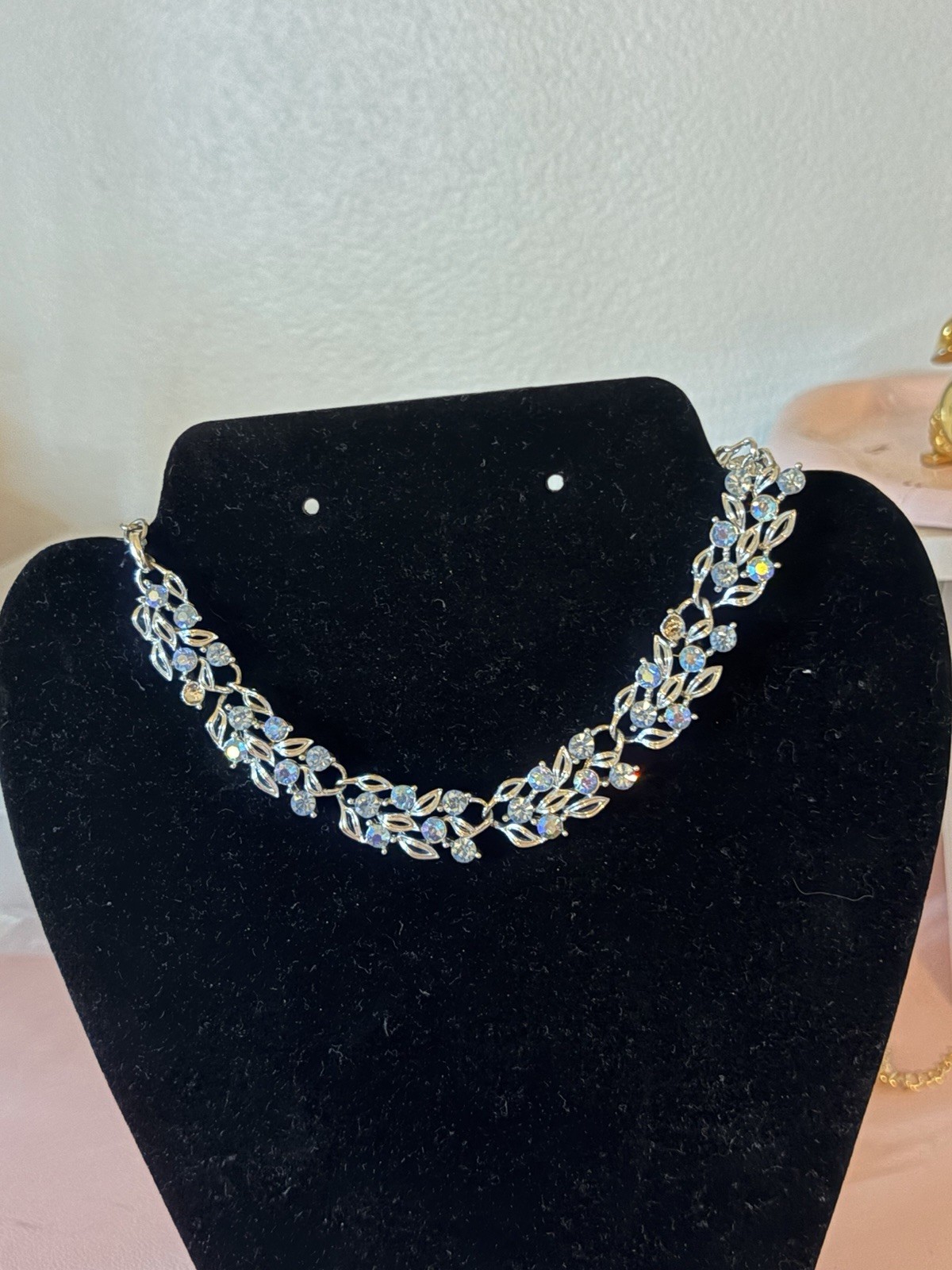 Vintage Lisner Aurora Borealis Rhinestone Choker Necklace Silver Tone 16inch