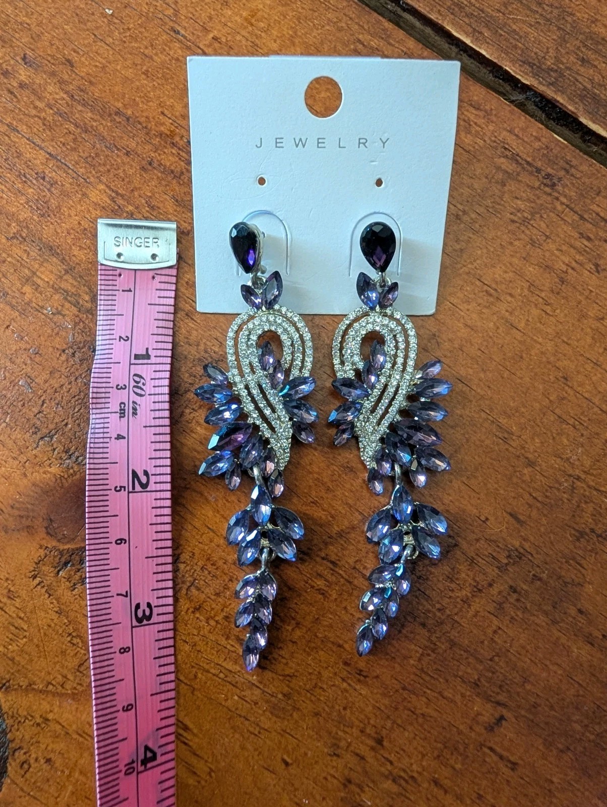 Purple Crystal Chandelier Dangle Drop Earrings Silver Tone Leaf 3.5 in Marquise