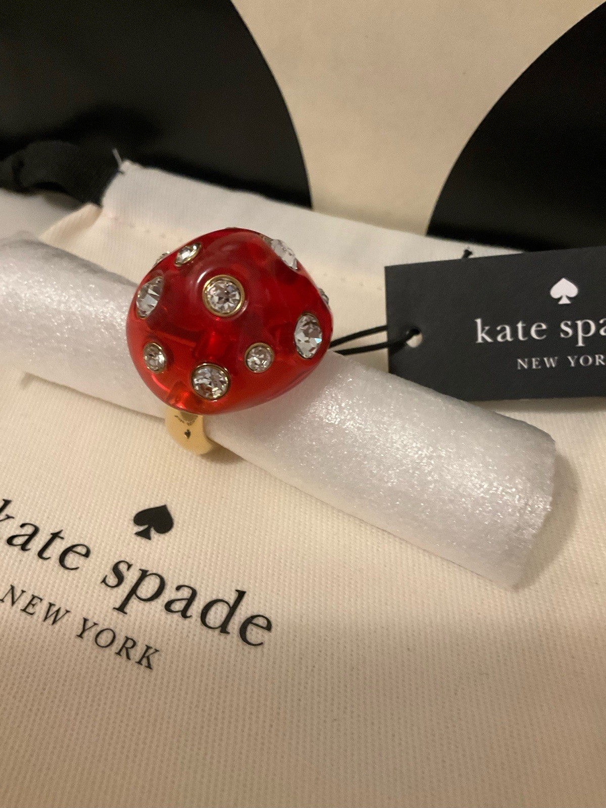 NWT Kate Spade New York Forest Pop Mushroom 12k Gold Plated CZ Crystal Ring Sz 8
