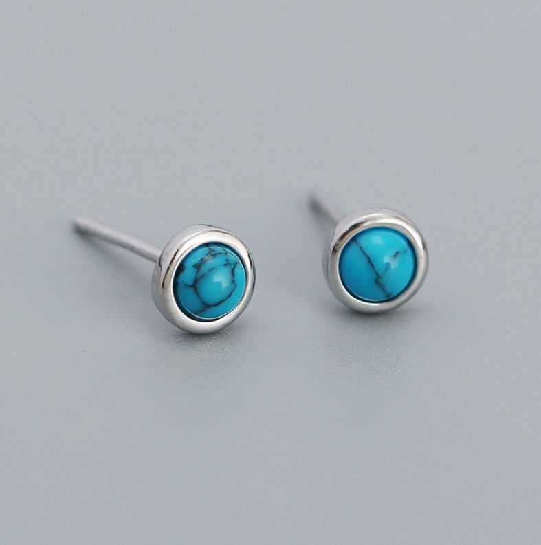 925 Sterling Silver Round Turquoise Moonstone Onyx Bezel Stud Earrings 6mm PE64