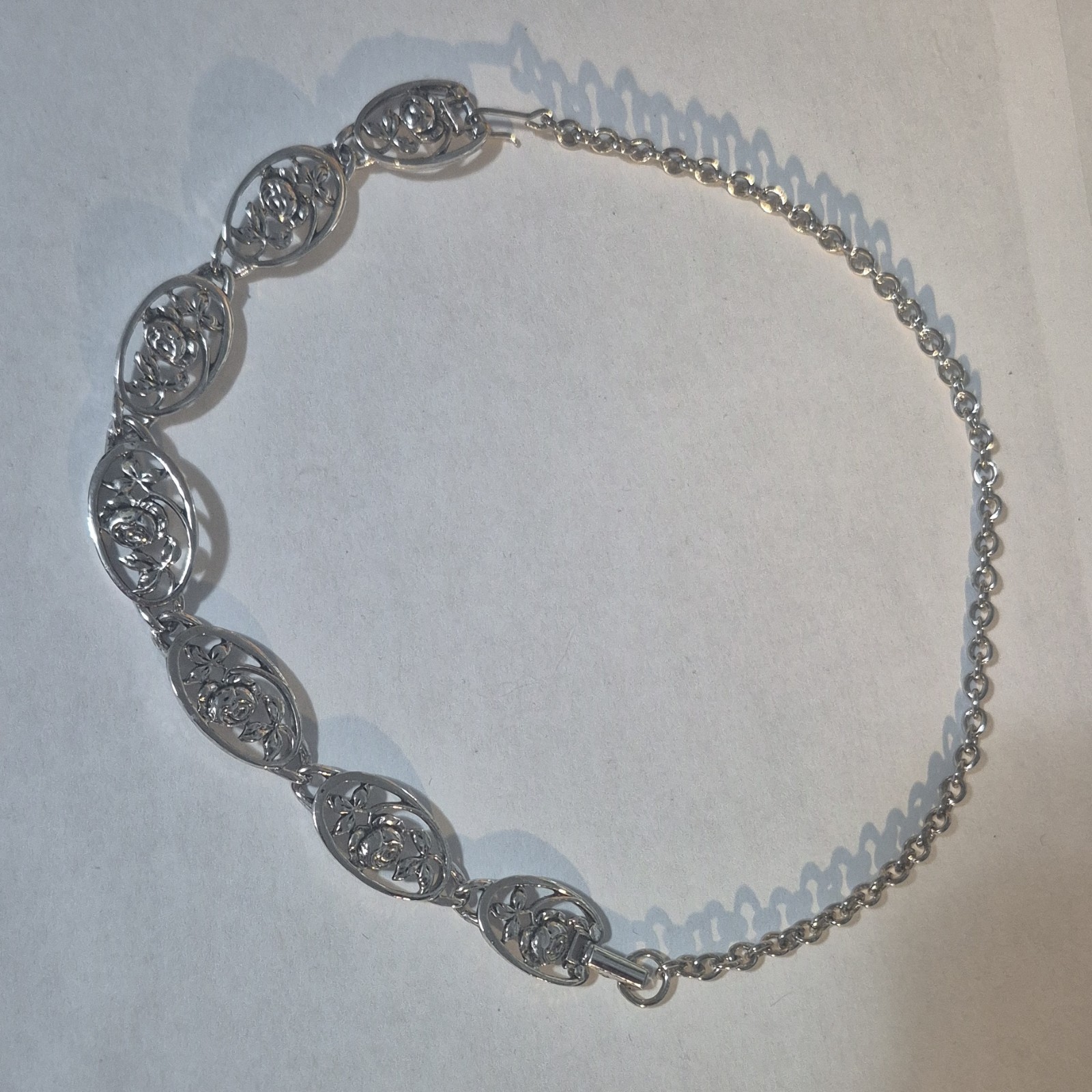 Silver Tone Rose Floral Filigree Link Choker Necklace 16″ Hook Closure