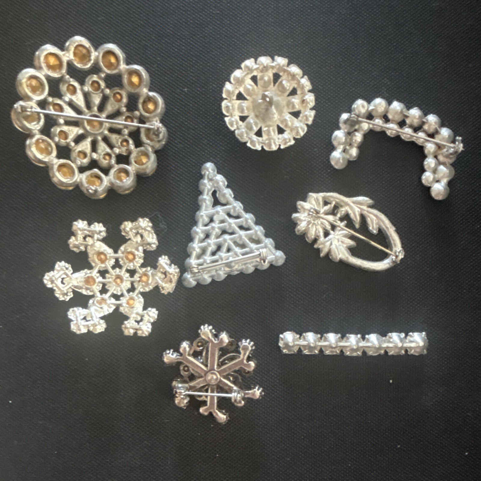 Vintage Silver Tone Rhinestone Crystal Cluster Brooch Pins Lot of 7 Mixed Shapes