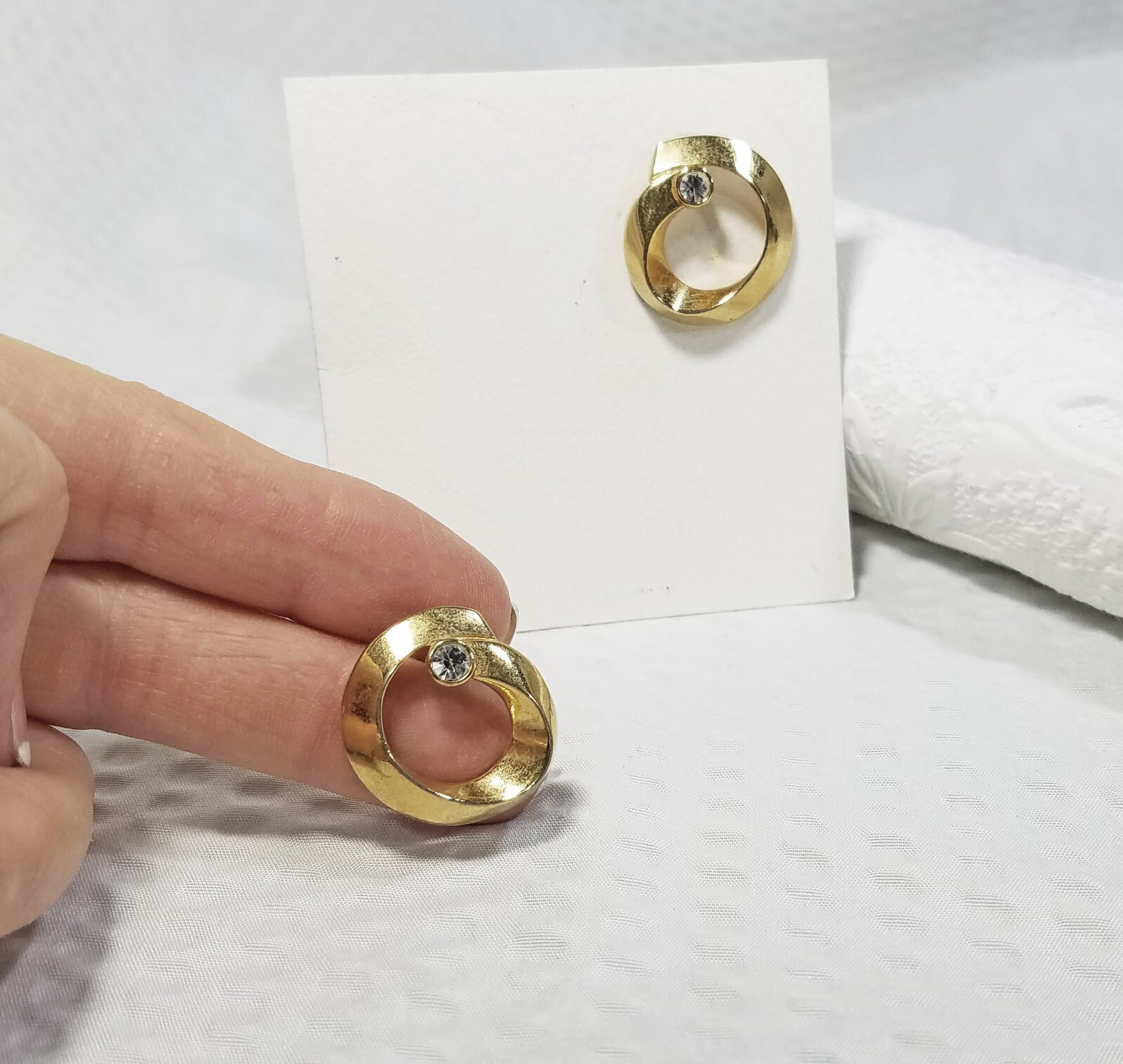 Gold Tone Open Circle and Crystal Accent Earrings for Pierced Ears