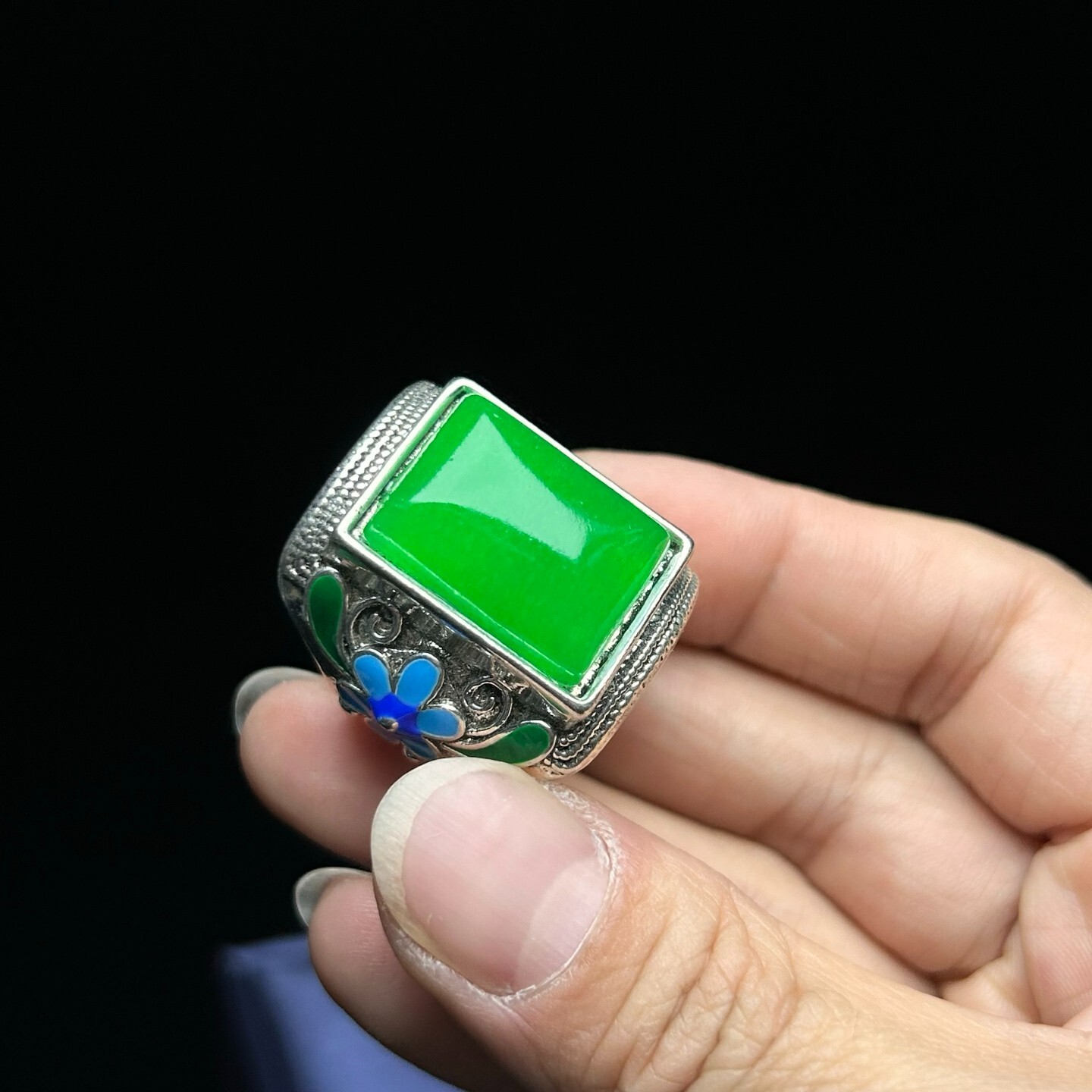 Certified Nature inlay ice green Burmese Jade Jadeite Amulet adjustable Rings
