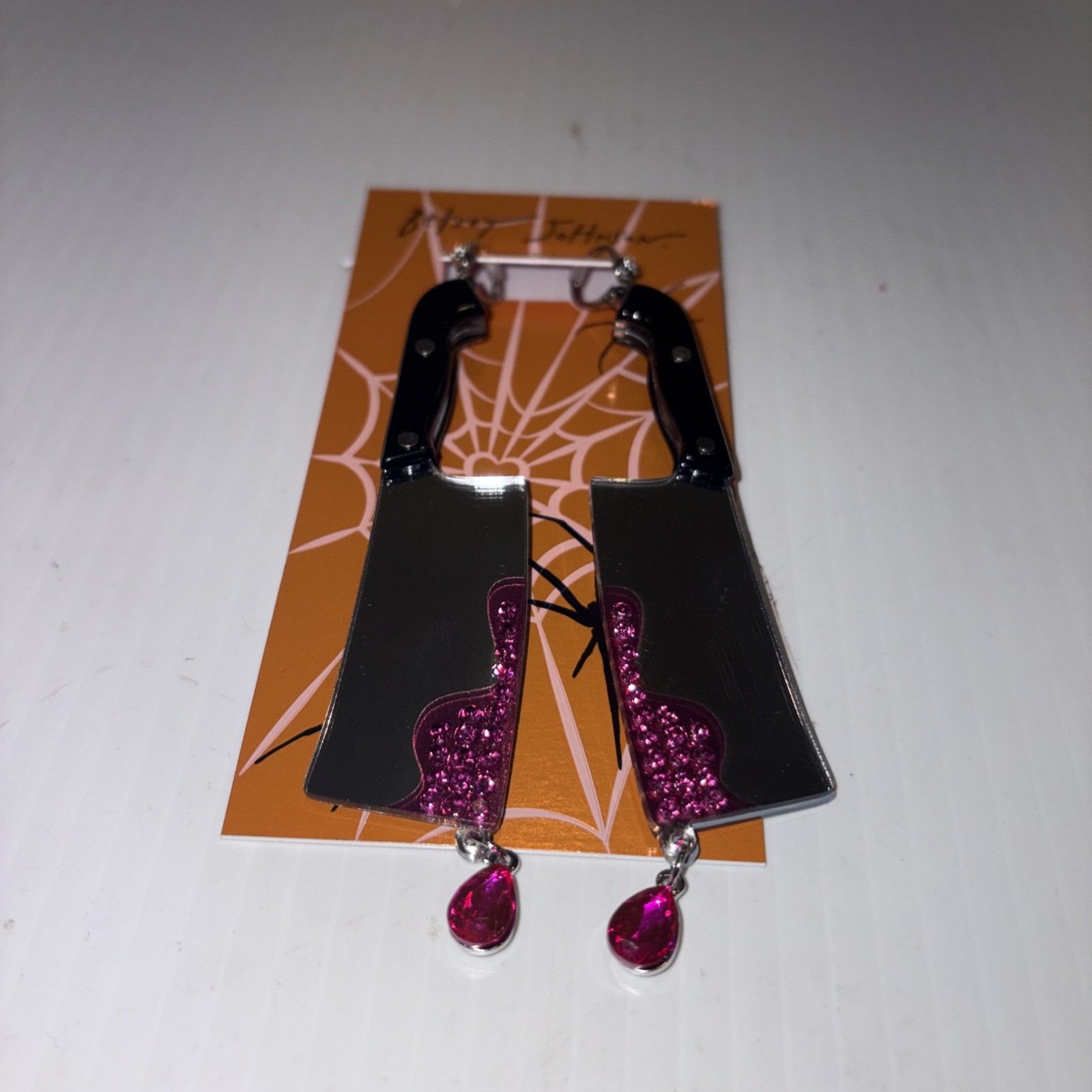 Betsey Johnson Black Handle Cleaver Drop Earrings Crystal Accents For Blood NWT