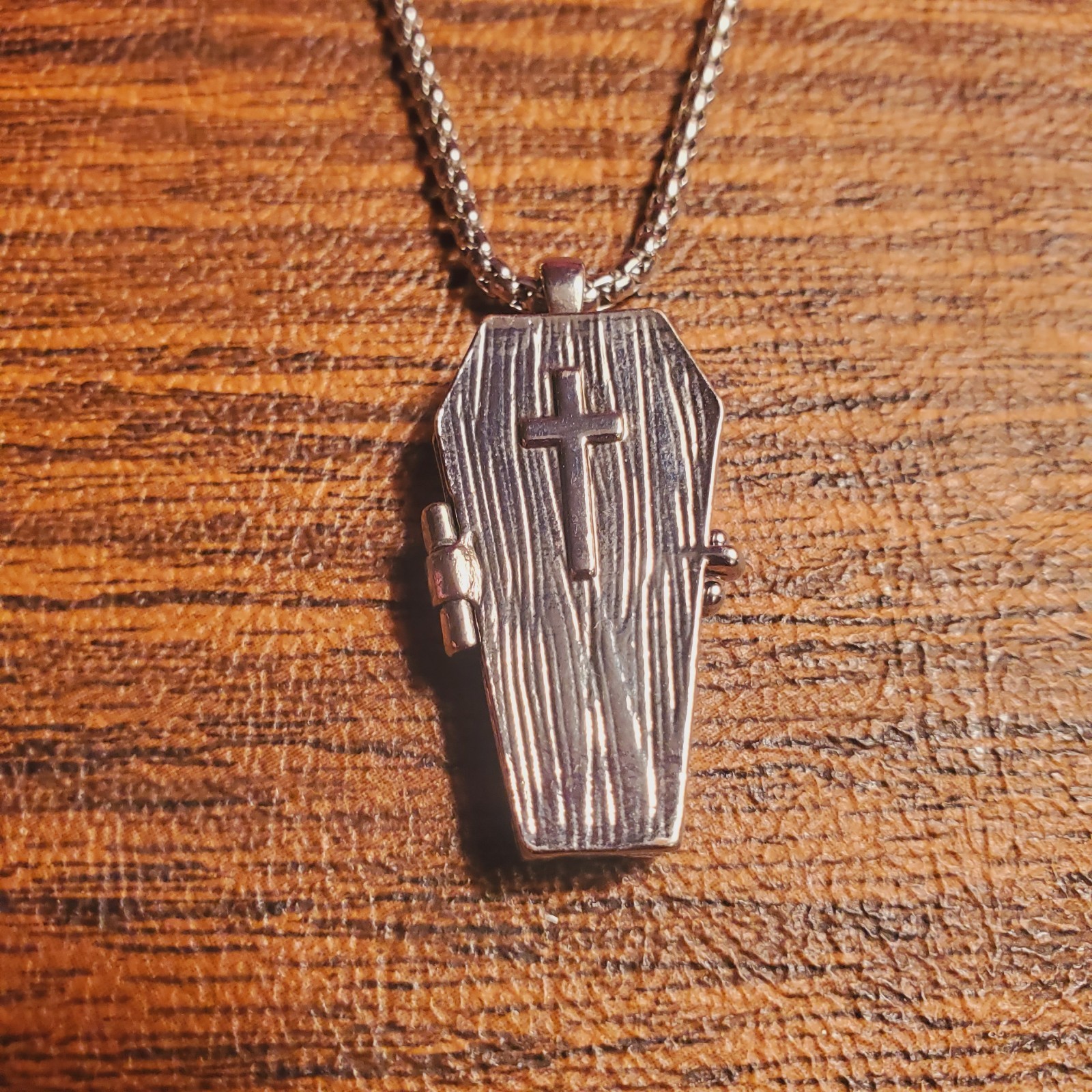 Gothic Cross Casket Pendant Punk Retro Necklace OPENS Silver Chain 23″ PLS READ