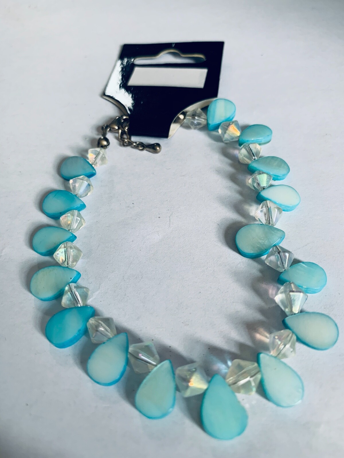 Women Aqua Blue Clear Beads Bracelet Lobster Hook Closure 9″ Handmade Jewelry