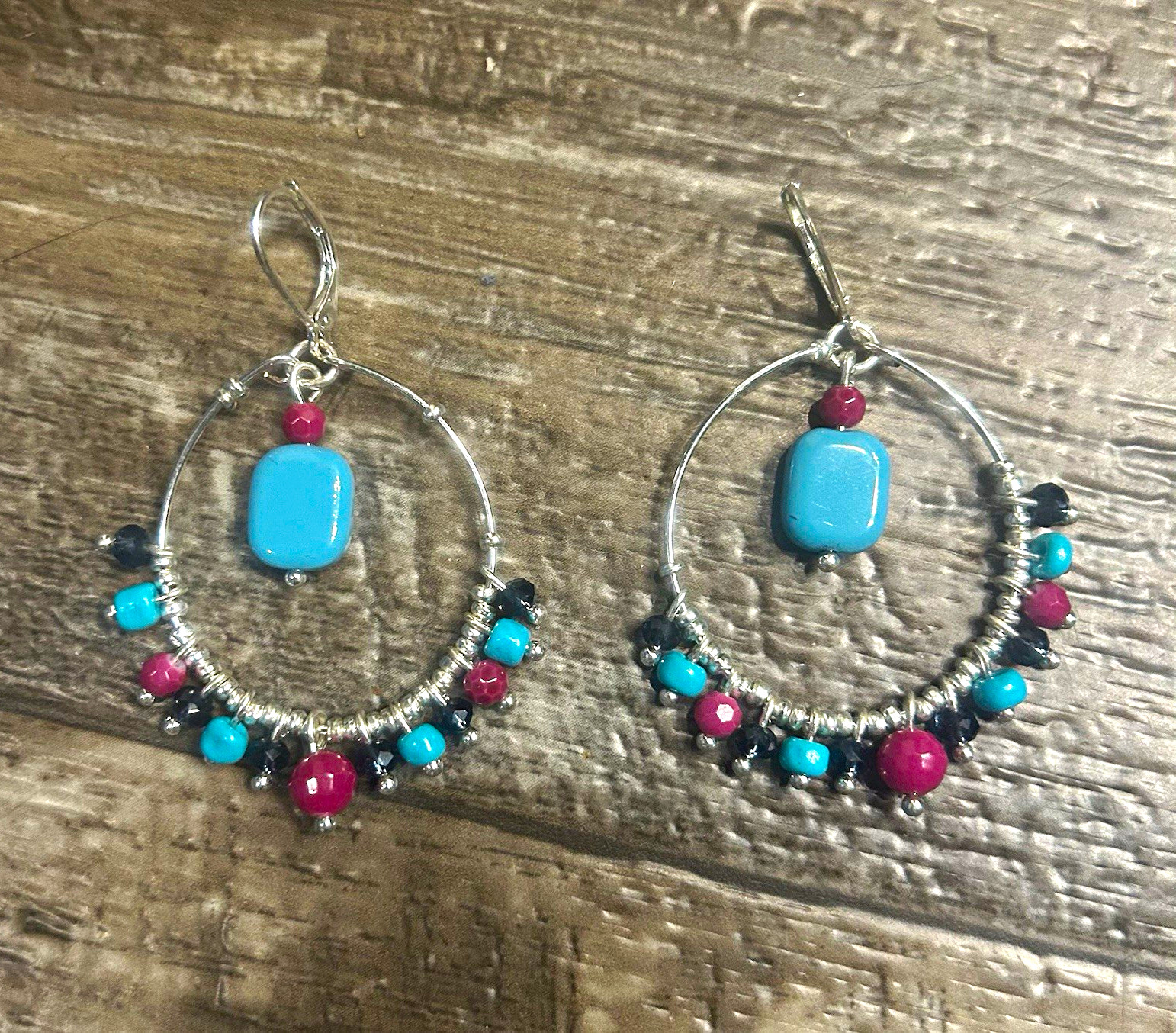 Silver Tone Beaded Hoop Dangle Hook Earrings Blue Rectangle Bead Pink