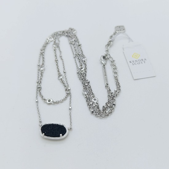 Kendra Scott Elisa Silver Crystal Multi Strand Pendant Necklace Black Drusy