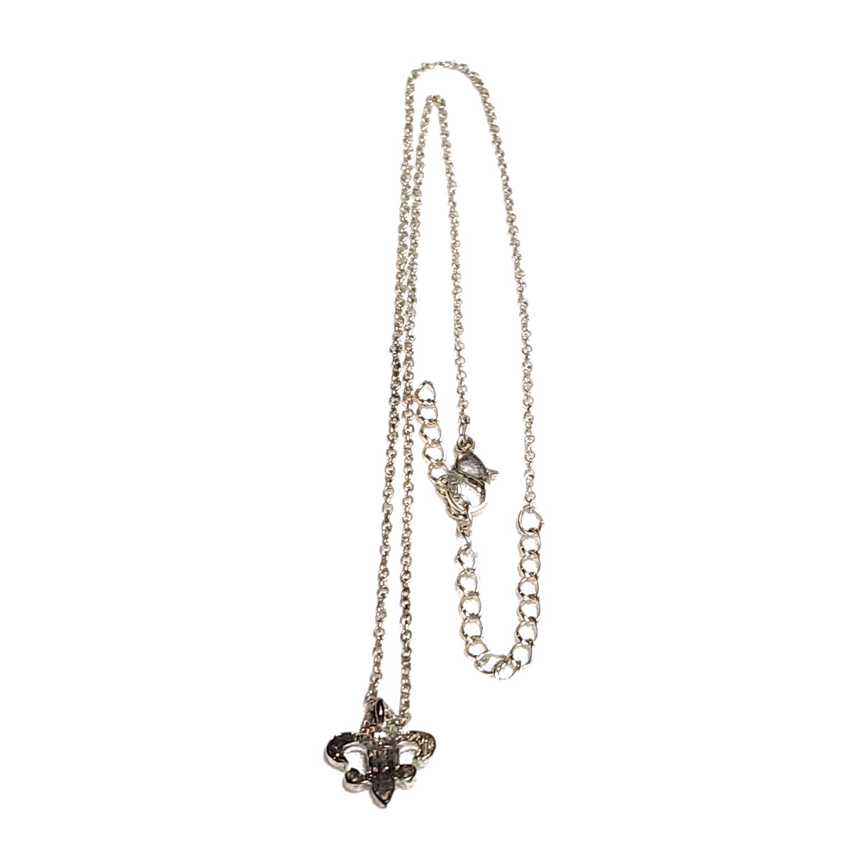 Dainty White Rhinestones & Silver Tone Fleur De Lis Pandant Charm Necklace 18″