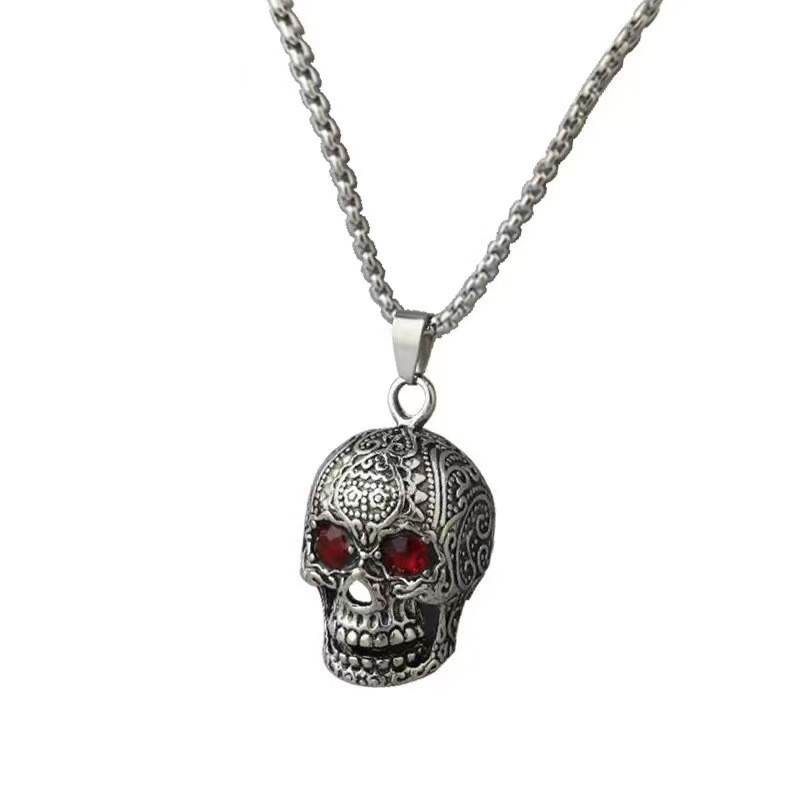 Men’s Skull Pendant Necklace Red Eye Gothic Punk Halloween Jewelry Biker Vintage