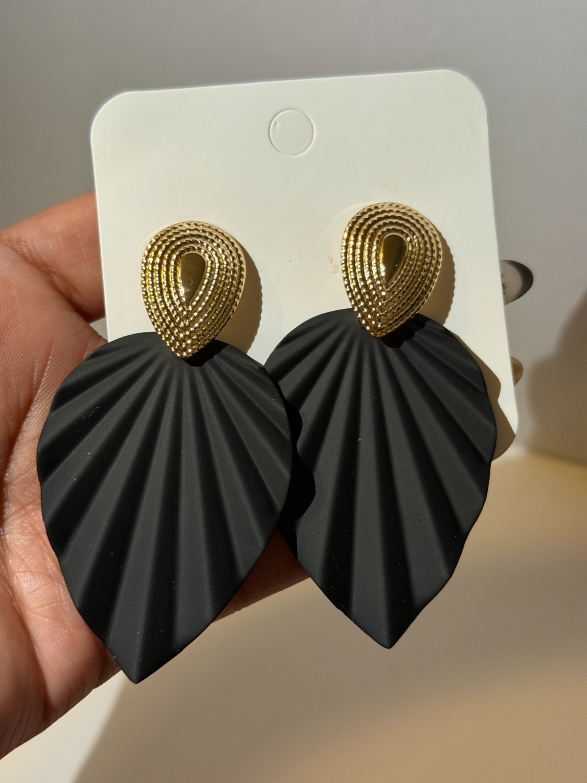 Black & Gold Statement Drop Earrings | Textured Shell Leaf Design | Y2K