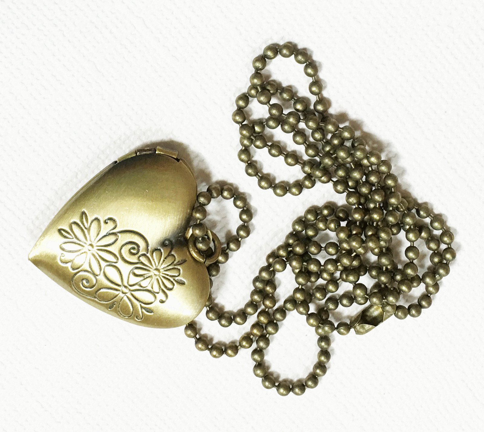Antique brass heart locket necklace with Iron ball chain