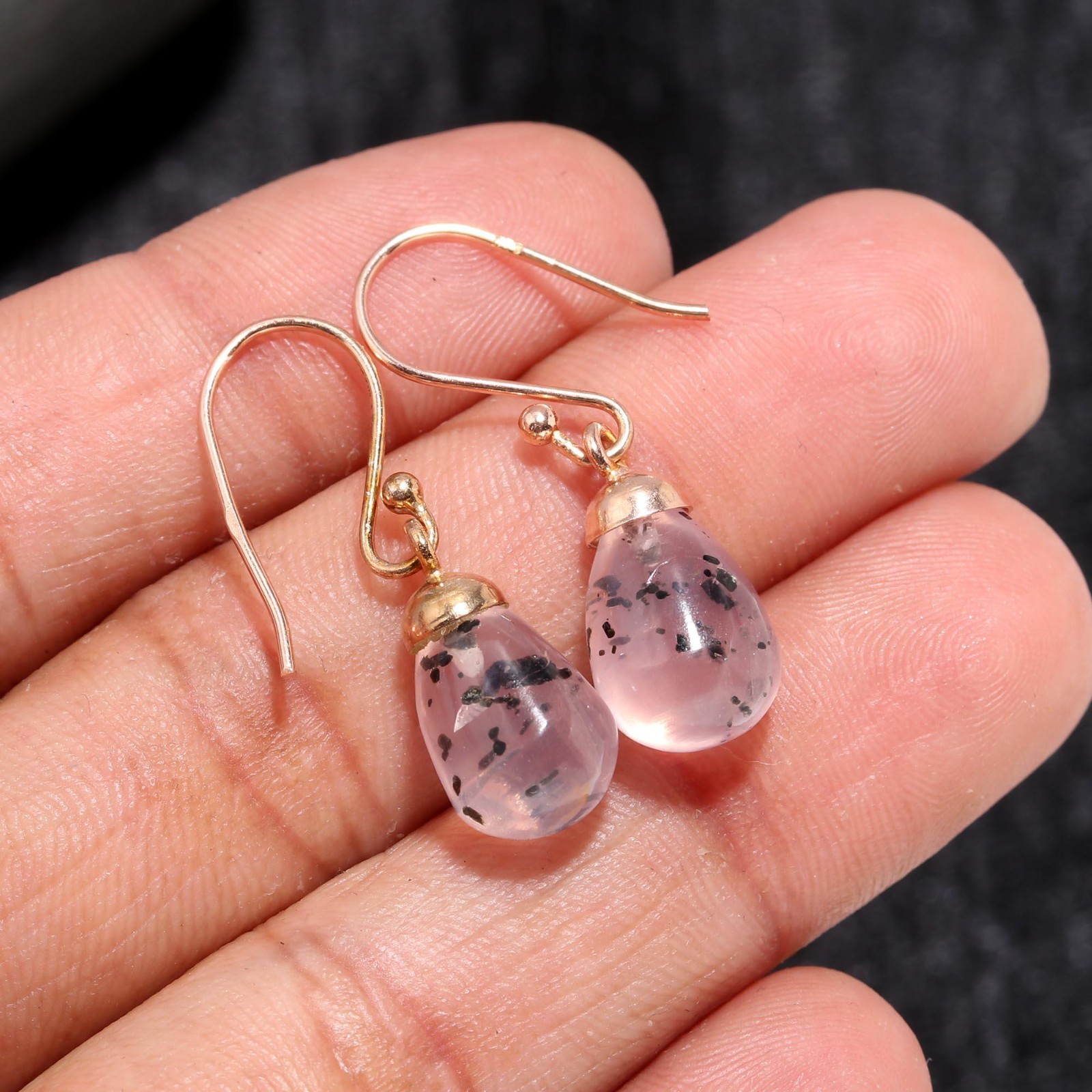 Natural Pink Dot Quartz Teardrop Earrings Rose Gold Filled Solid Silver Jewelry