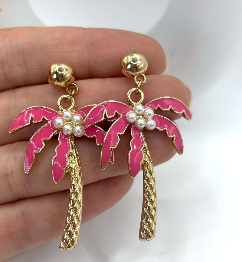 Tropical Vibrant Pink Palm Tree “Pearl” Coconut Gold Tone Summer Earrings New