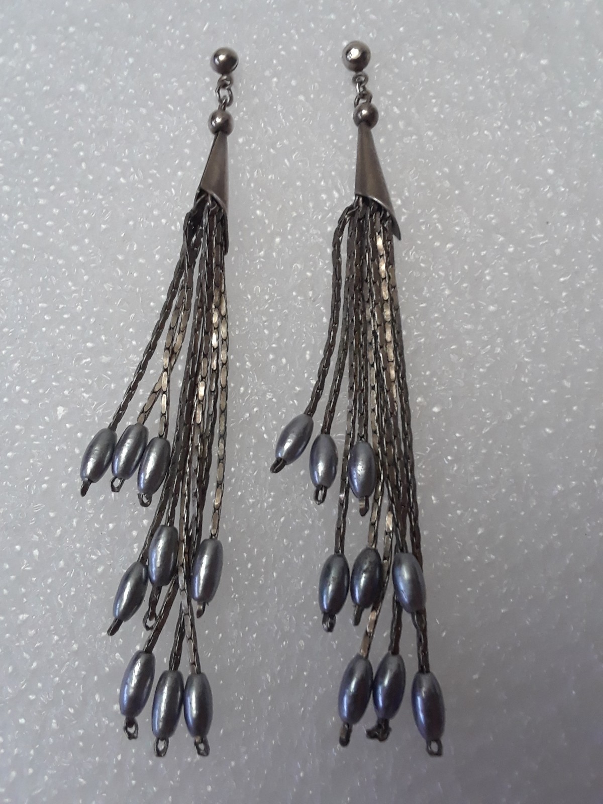 Silver Tone Long Dangle Drop Down Beaded Multiple Strand Earrings 3.25 in