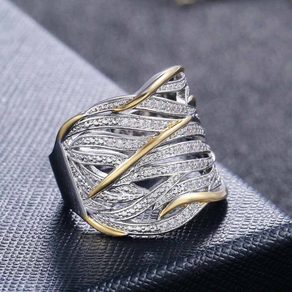 Fashion Two Tone 925 Silver Filled Ring Women Cubic Zircon Wedding Ring Sz 6-10