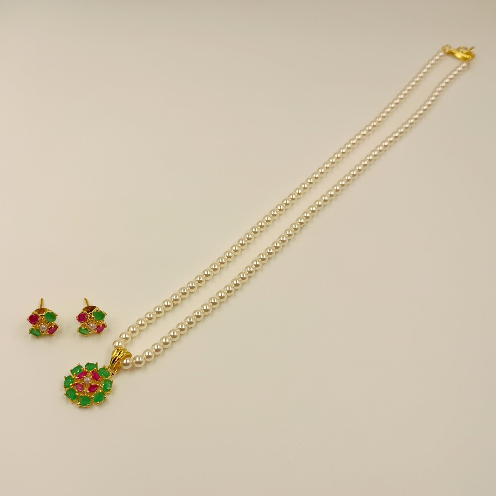 Ruby Emerald Pearl Pendant Set, 22k Gold Plated Traditional Indian Wedding Jewel