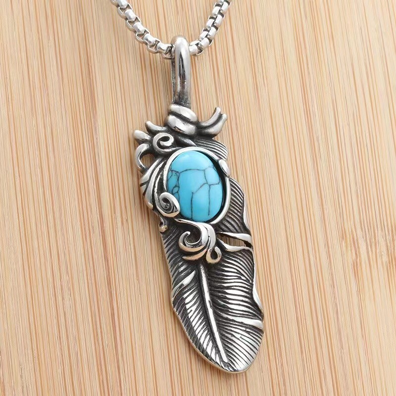 Men Silver Turquoise Feather Pendant Necklace Chain Punk Rock Biker Jewelry Gift