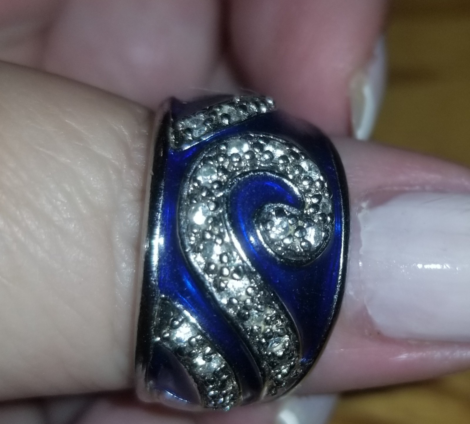 Vintage Hildago? Blue Enamel CZ Wave Ocean 925 Band Ring Sterling Silver 8.2 G