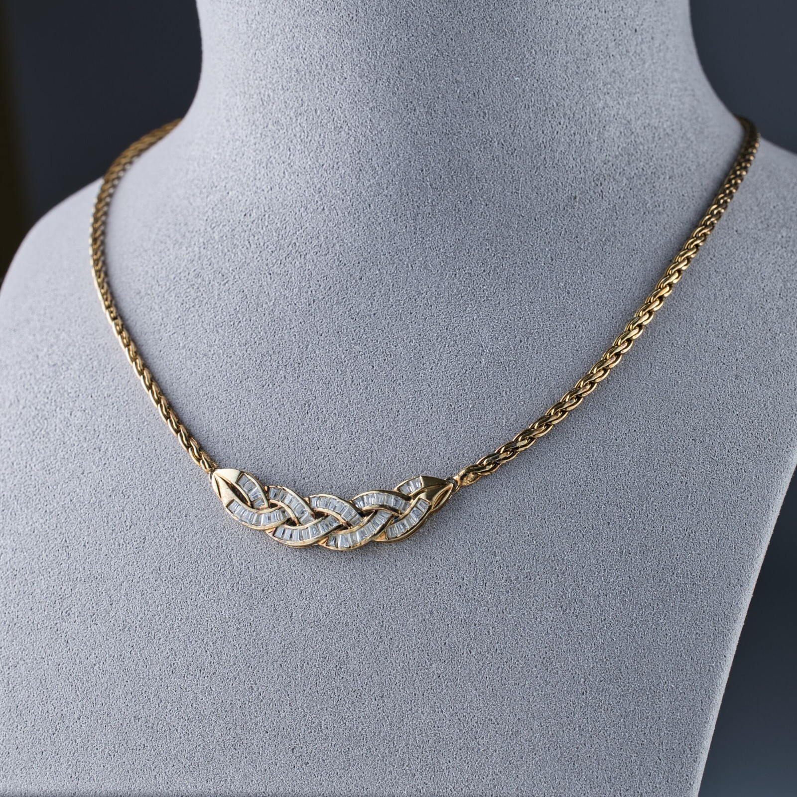 Vintage Gold-Tone Sterling Silver Braided Necklace with Baguette-Cut Clear Stone