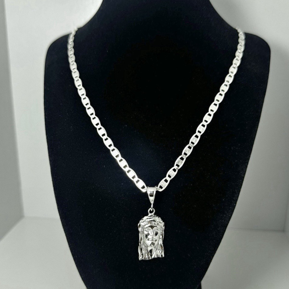 Silver Figaro Chain Necklace Jesus Head Pendant Religious Lobster Closure