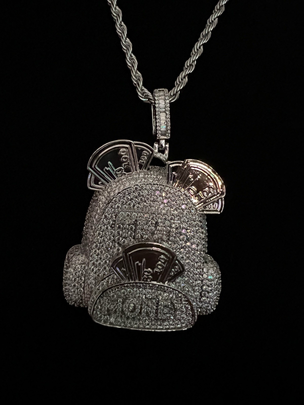 24” stainless steel necklace with iced out 5A Cz backpack pendant