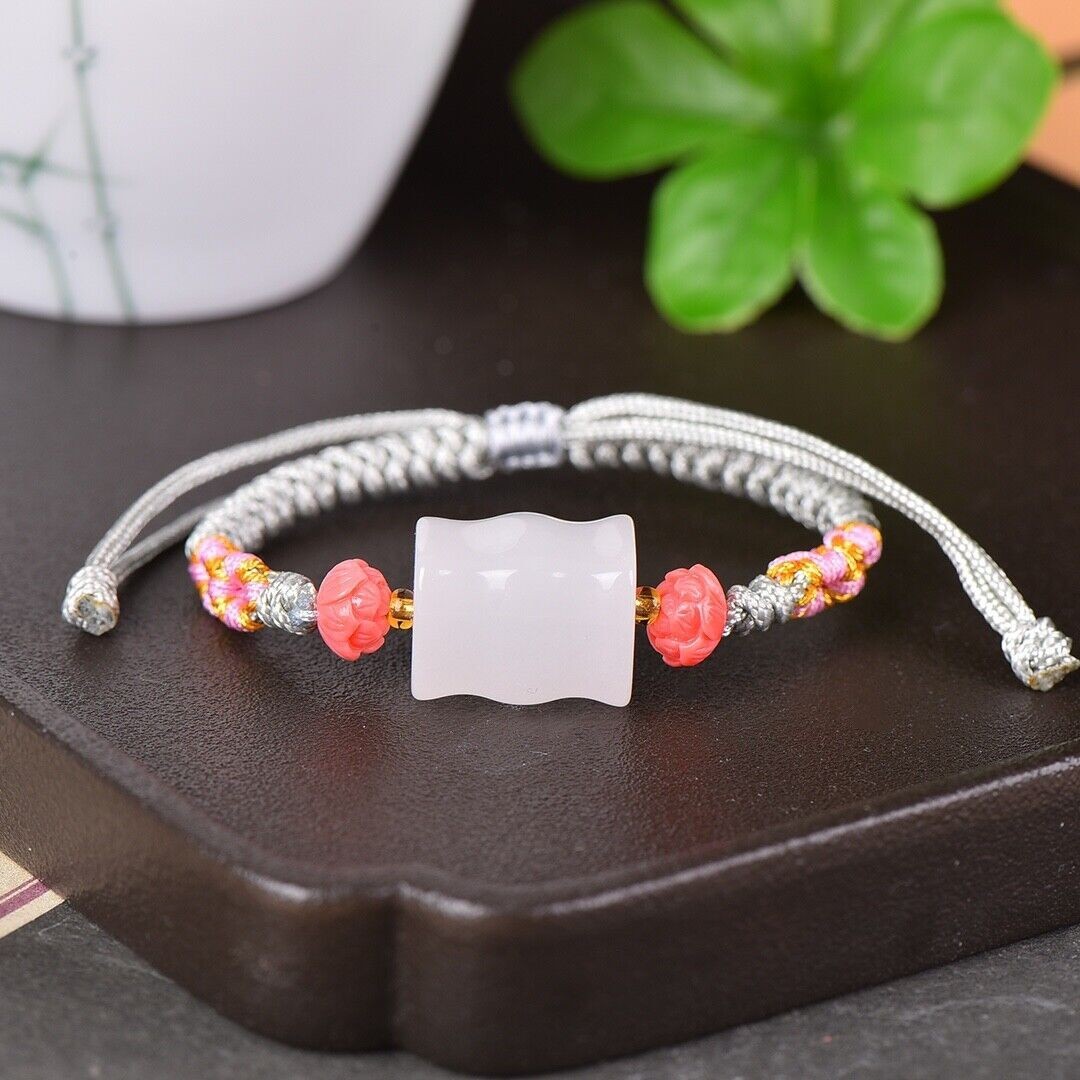 Natural White Jade Slub Hand Chain Hand Wove Vajra Knot Adjustable White/Blue