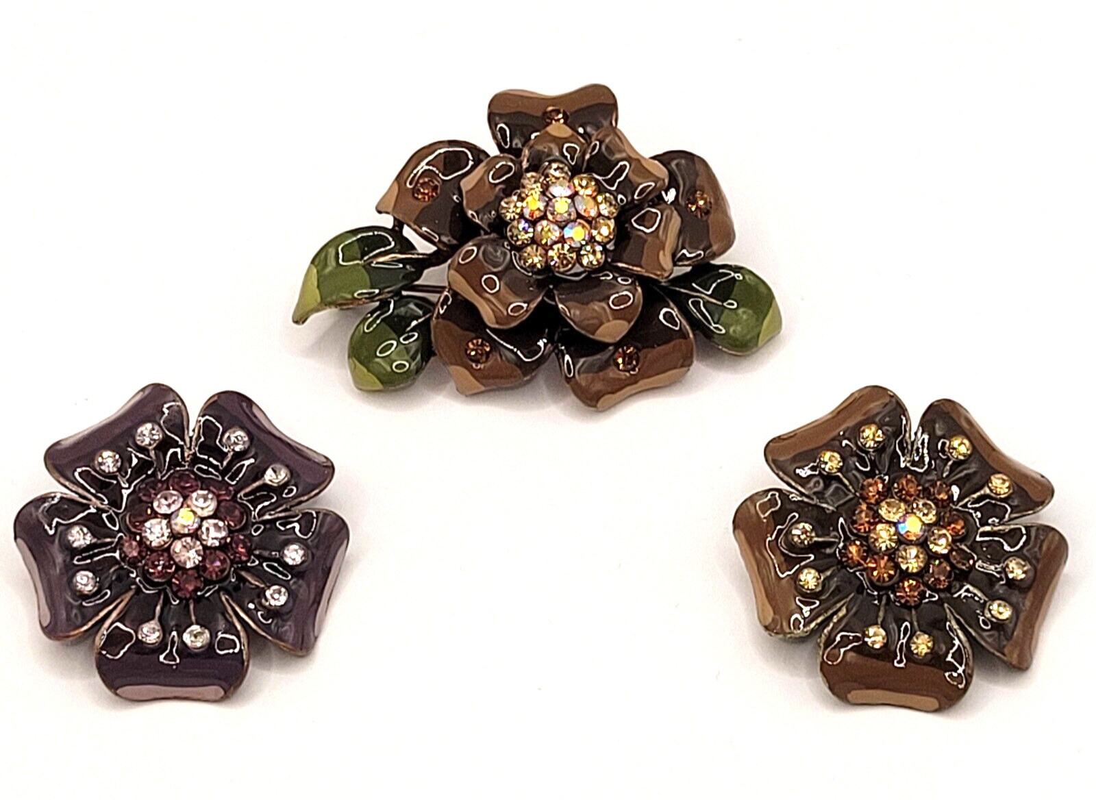 3 Flowers Sparkling Rhinestone Glossy Enamel Metal Floral Trio Brooch Pin Set