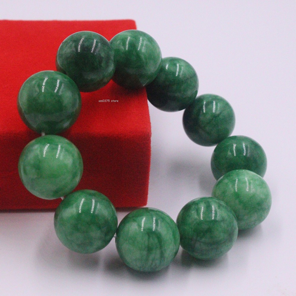Real Jadeite Jade Bracelet For Women Men 20mm Big Green Beaded Bracelet 7inch